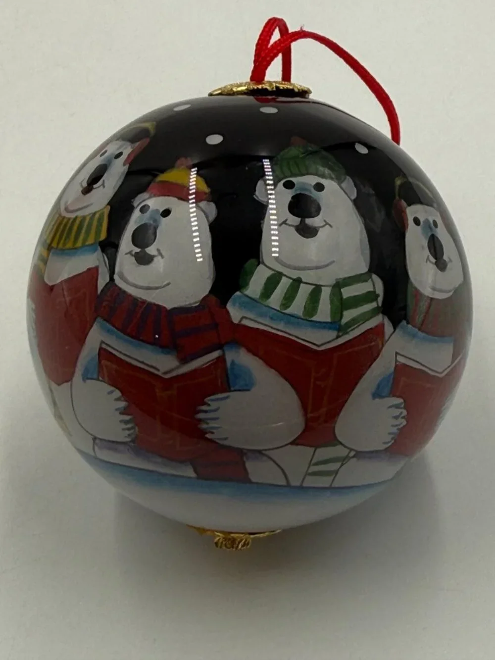 Inside Art Glass Ornament Hand Painted Polar Bears Christmas Carolers Choir Box